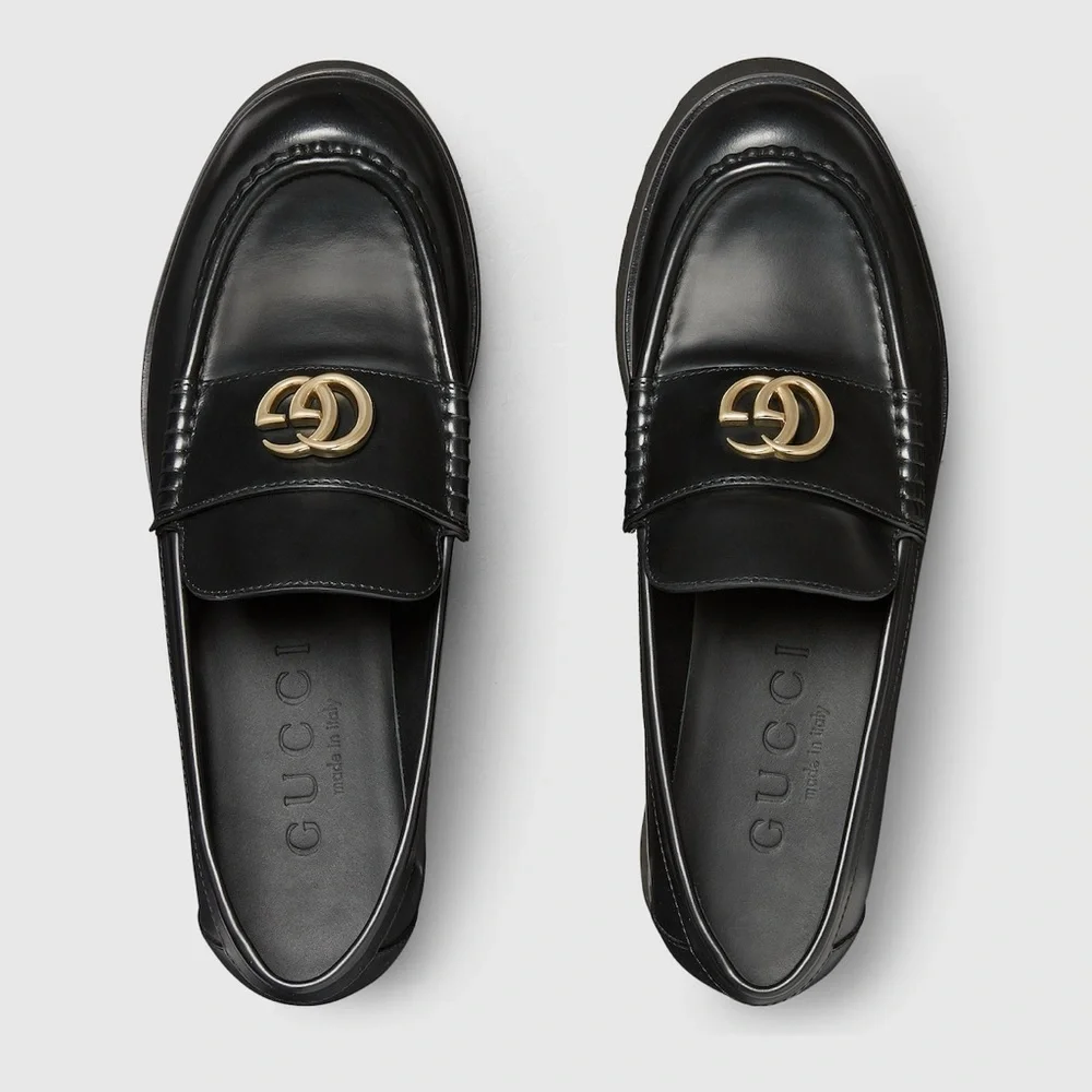 Gucci Black Platform Leather Loafers with Gold Emblem - Women - Picture 3 of 9